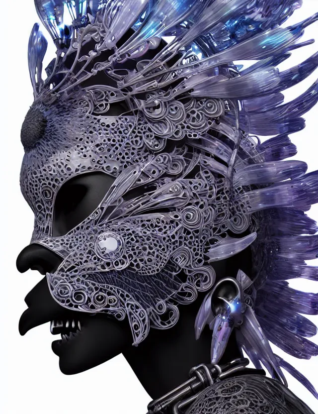 Image similar to 3 d goddess close - up profile simple portrait cybernetic with skull. beautiful intricately detailed japanese crow kitsune mask and clasical japanese kimono. betta fish, jellyfish phoenix, bio luminescent, plasma, ice, water, wind, creature, artwork by tooth wu and wlop and beeple and greg rutkowski