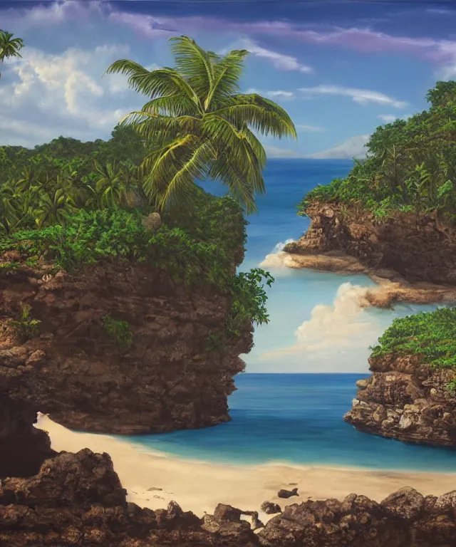 Image similar to photorealistic painting of turtle bay beach jamaica, sharp cliffs, island with cave, dark, atmospheric, brooding, smooth, finely detailed, cinematic, epic, in the style of larry elmore