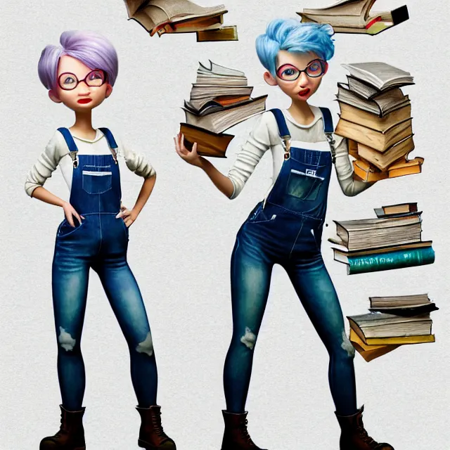 Prompt: full body pose, beautiful adult library fairy, pixar, short white hair buzzed sides, dirty, grungy, grunge, long sleeve, painted overalls, stacks of giant books, highly detailed, 4 k, hdr, smooth, sharp focus, high resolution, award - winning photo, artgerm, photorealistic
