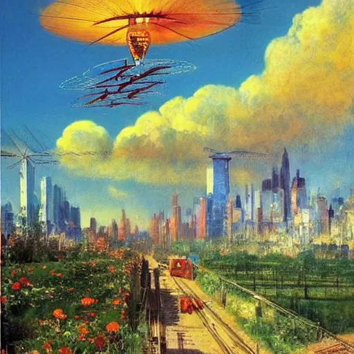 Image similar to a very beautiful eco - friendly environmental future!!! city cityscape, ( flying cars ) and elevated!! trains and solar power, lots of plants and flowers, sunrise, style of olidon redon