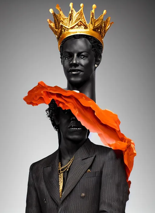 Image similar to anthropormorphic young Harry Styles made out of paper wearing a firey red and orange tissue paper with a golden crown and a black prince tuxedo by Prada. bubbling pools of lava in the crater of a volcano. ethereal, fantasy, Lawrence Alma-Tadema, James Jean, oozium, peter morbacher, angelarium, alchemy, luxury, heavenly light, Soft illumination, Trending on artstation, Cinematic Lighting, very detailed, 3D, octane render, artgerm