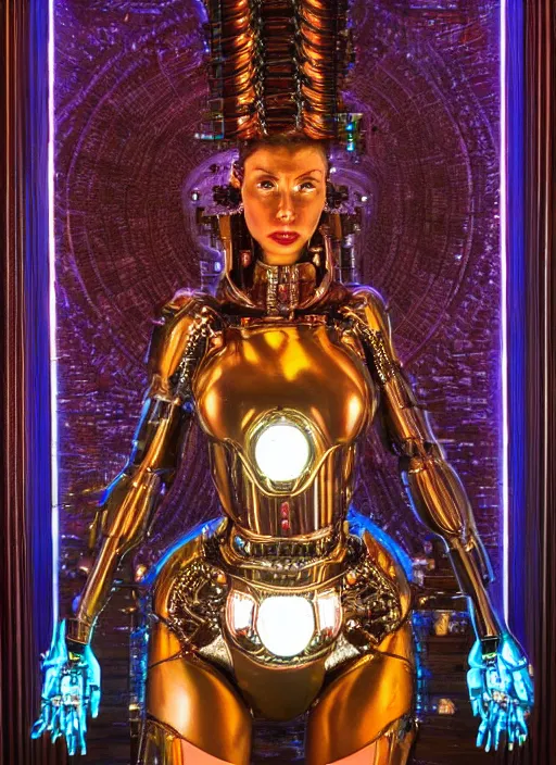 Image similar to Robotic beautiful shaman woman posing in front of an altar painted by Hajime Sorayama , robot, tarot, dramatic lighting