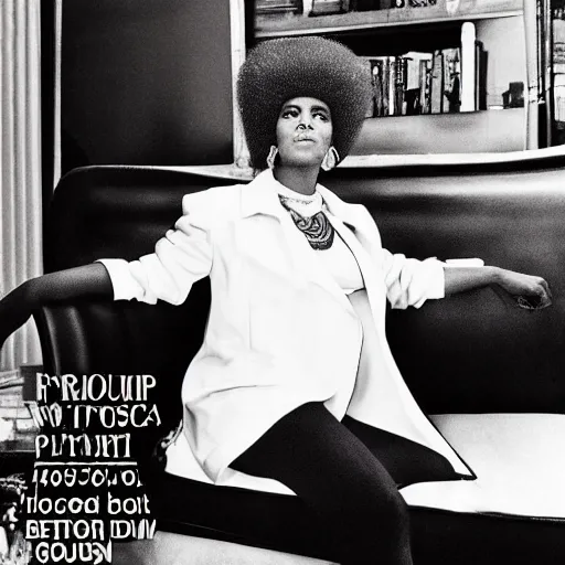 Image similar to donald trump with afro wearing 1 9 7 0 s bellbottoms clothing, black and white, full body profile, sitting on vintage leather sofa, vogue cover, dramatic lighting