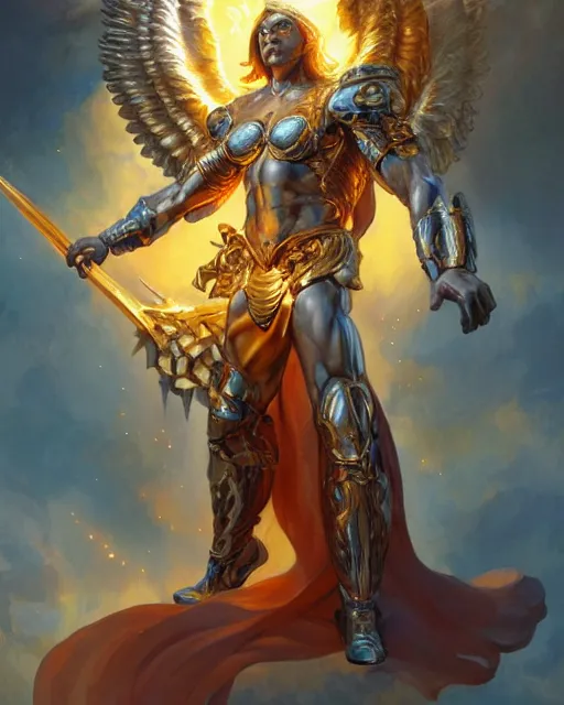 Prompt: character portrait of a muscular male angel of justice, with fiery golden wings, wearing shining armor, wielding a blazing sword, by peter mohrbacher, mark brooks, jim burns, marina abramovic, wadim kashin, greg rutkowski, trending on artstation