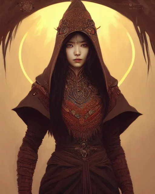 Prompt: Portrait of a female kajit, korean face features, wearing hood, dark fantasy, intricate, elegant, highly detailed, digital painting, artstation, concept art, smooth, sharp focus, illustration, art by Sam Youn and Fernanda Suarez and Artem Demura and alphonse mucha