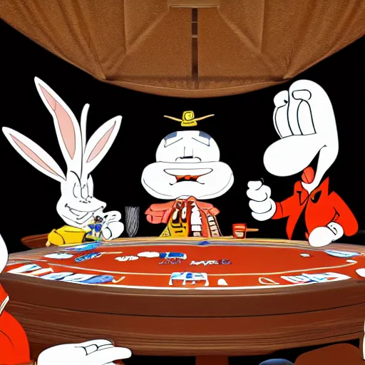 Image similar to a highly detailed vector picture of bugs bunny and captain cruch and snoopy and bender playing poker, octane render, 4 k resolution, trending on artstation, masterpiece