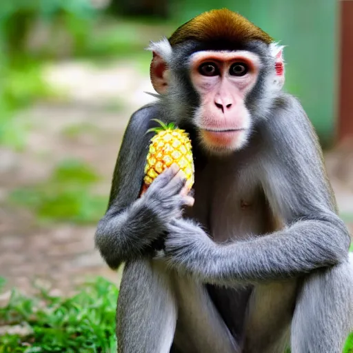 Prompt: a monkey wearing a tie holding a pineapple