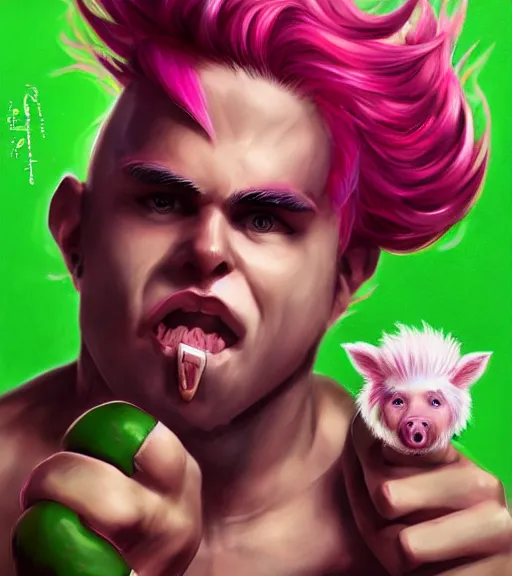 Image similar to portrait of'tomba!'with male with pink hair and green pants, attacking pig by ross tran, artgerm and wlop