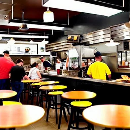 Image similar to busy wafflehouse interior with customers eating breakfast and wafflehouse employees serving food and cooking behind countertop bar that has customers sitting at