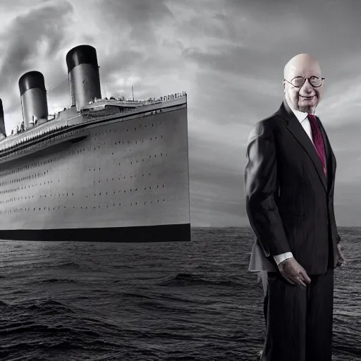 Prompt: Klaus Schwab posing on front of Titanic, photography, deviantart, realistic,