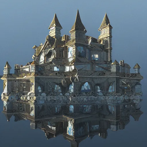 Image similar to an epic drawing Artstation style of a floating castle, with diamonds and crystals buildings around it. Ray tracing reflections,