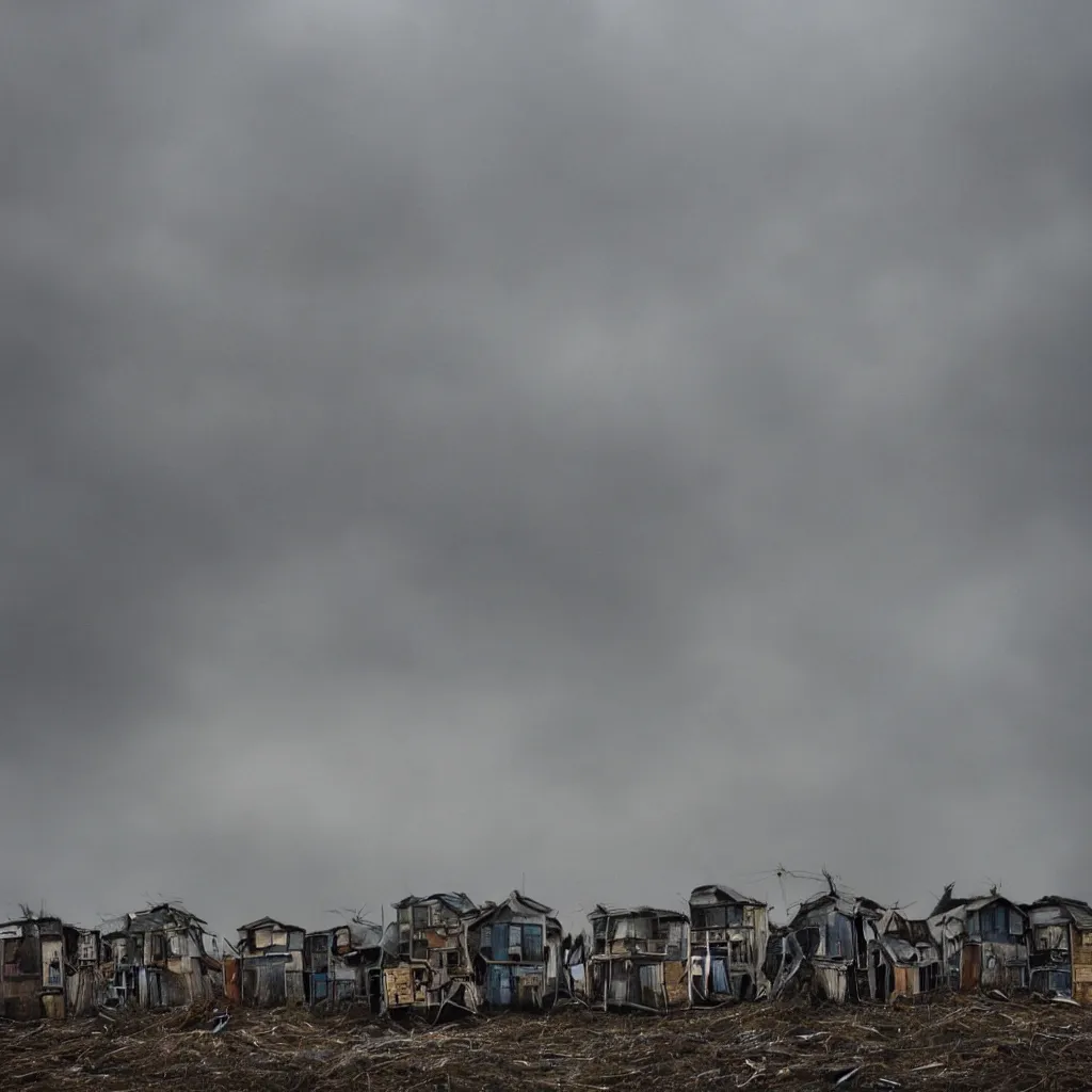 Prompt: close - up view of a tower made up of makeshift squatter shacks with faded colours, moody cloudy sky, uneven fog, dystopia, mamiya, f 1 1, fully frontal view, very detailed, photographed by jeanette hagglund