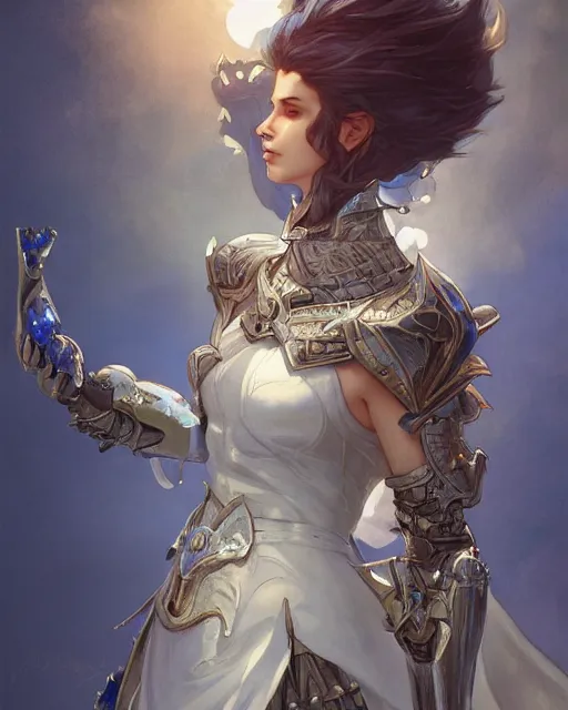 Image similar to Portrait of a Fantasy azure knight, moonlit, HD, illustration, epic, D&D, fantasy, intricate, elegant, highly detailed, digital painting, artstation, concept art, smooth, sharp focus, illustration, art by artgerm and greg rutkowski and alphonse mucha, monster hunter illustrations art book