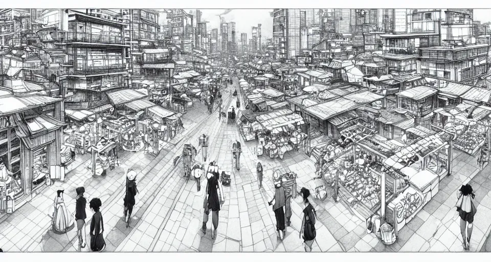 Prompt: market of the cyber city, line drawing, no - shadow, black and white, by makoto shinkai takashi takeuchi studio ghibli, akihiko yoshida