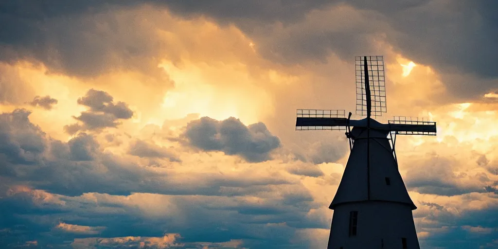 Prompt: photo of a stormy west texas sunset, perfect windmill, film photo, lightning, golden hour, high quality, beautiful!!!