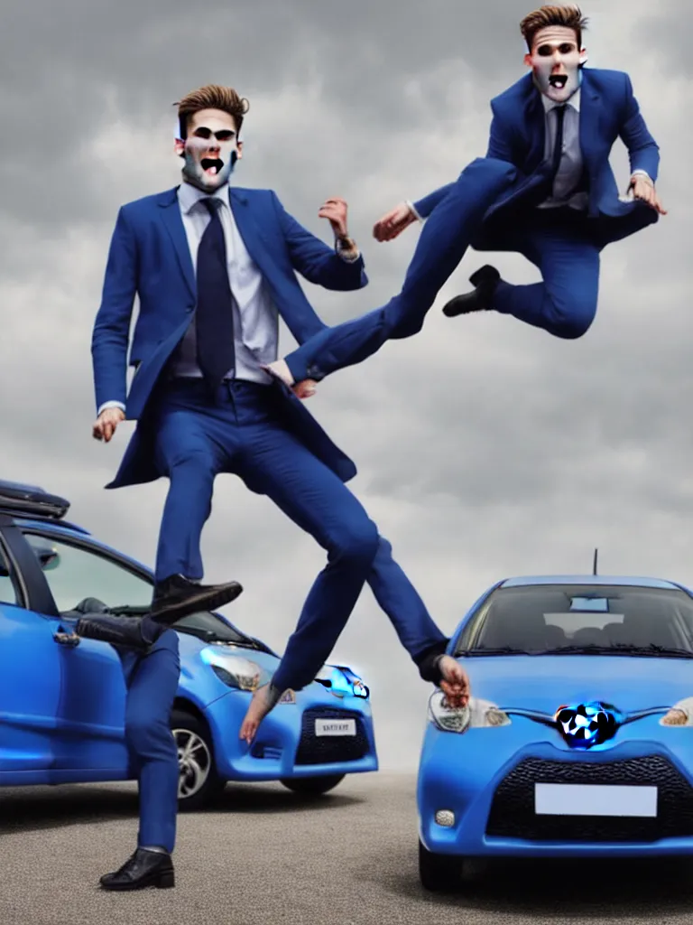 Image similar to !dream Sir Kier Starmer wearing a blue suit jumping on top of a toyota yaris