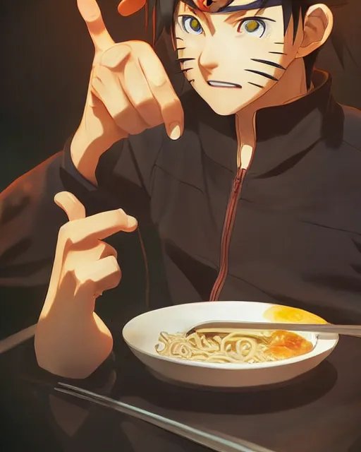 Image similar to naruto eating ramen, medium shot, visible face, detailed, perfectly shaded, perfectly shaded face, atmospheric lighting, by makoto shinkai, stanley artgerm lau, wlop, rossdraws