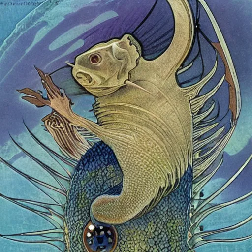 Prompt: a single fantasy hybrid animal with features the body of an armored catfish, fins and feet a sea robin, and the skin and gills of a lamprey that has six large black eyes the animal is swiming in dark blue and purple toned water in a jagged rocky landscape by alphonse mucha and brian froud.