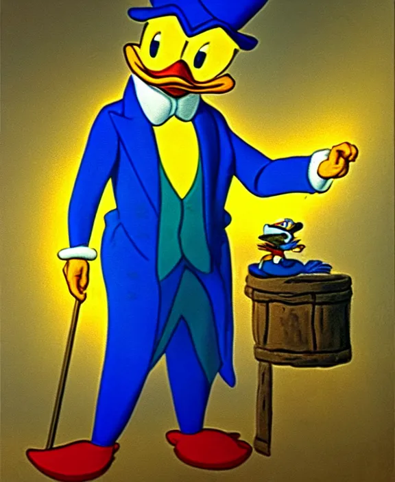 Prompt: Scrooge McDuck from the Duck Tales in blue costume standing on a mountain of golden gold and holding a cane, view from below, full body portrait including head, oil painting, highly detailed