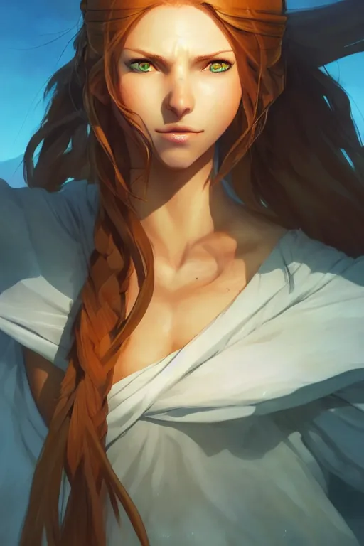 Prompt: long ginger hair, tanned woman in a prehistoric outfit, green eyes, by artgerm, hair tied in a ponytail, white backdrop, soft lighting, blue colors, by greg rutkowski makoto shinkai takashi takeuchi