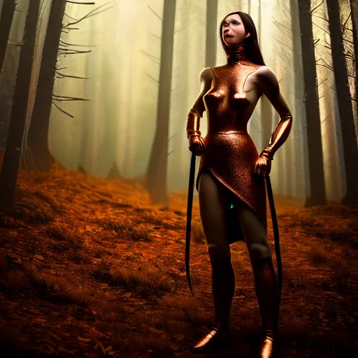 Image similar to highly detailed, ultra realistic, cinematic, woman full body with a copper nose and copper claws, high detail, 8 k, sharp focus, movie still, dramatic lighting, ray tracing, smooth, a female evil demonic character of kazakh mythology, jeztyrnak, standing in the night forrest