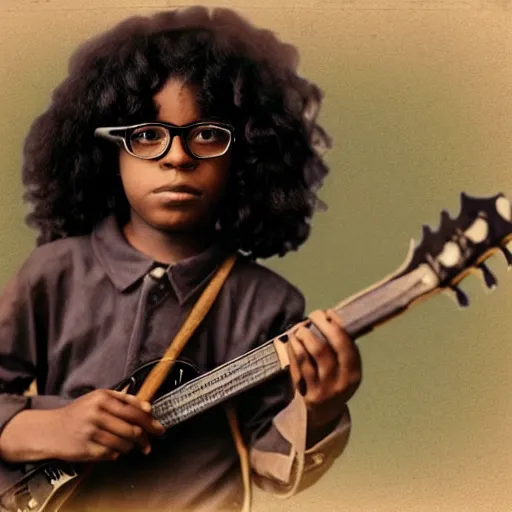 Prompt: black boy with long curly hair, wearing glasses, holding a electric guitar, as a world war I soldier, photograph, colorized, damaged