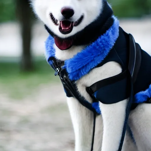 Image similar to a husky wearing a black jacket with blue eyes