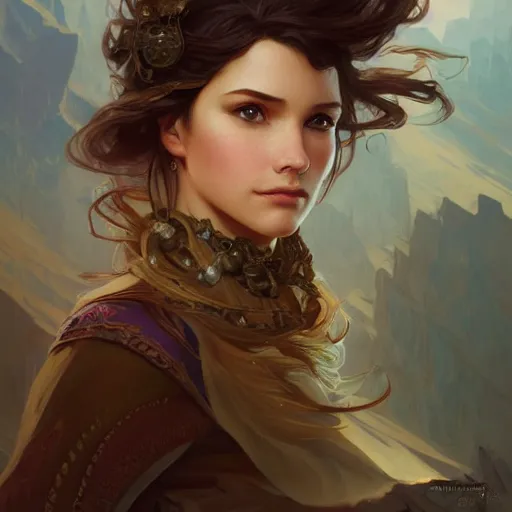 Image similar to portrait of an adventurer, elegant, intricate, headshot, D&D, fantasy, highly detailed, digital painting, artstation, concept art, sharp focus, illustration, art by artgerm and greg rutkowski and alphonse mucha