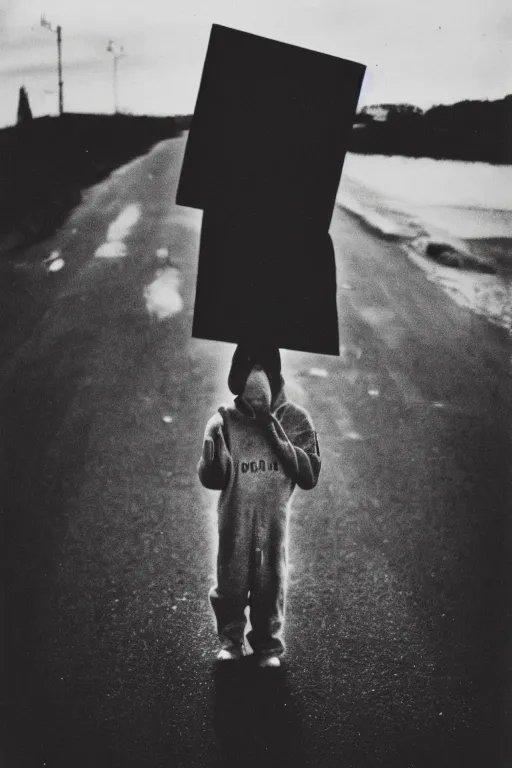 Image similar to photo polaroid of sad and lonely child in the middle of the street, looks towards the stormy sea, loneliness, war, black and white ,photorealistic, 35mm film,