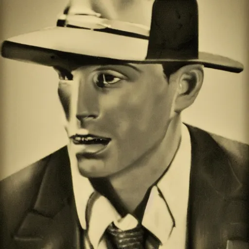 Image similar to A photograph portrait of Jerma985 wearing a suit with and fedora in the 1940s, taken in the early 1940s, grainy, taken on a 940s Kodak Camera, realistic, hyperrealistic, very realistic, highly detailed, very detailed, extremely detailed, detailed, digital art, trending on artstation