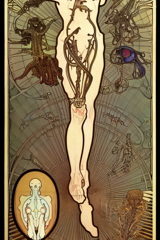 Image similar to anatomically accurate diagram of alien species, full body, intricate parts, fine details, hyper realistic, elegant minimalism, by seichen, alphonse mucha, surreal