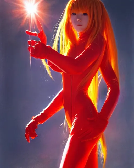 Prompt: asuka langley soryu wearing plugsuit, award winning photograph, radiant flares, realism, lens flare, intricate, various refining methods, micro macro autofocus, evil realm magic painting vibes, hyperrealistic painting by michael komarck - hollywood cosplay