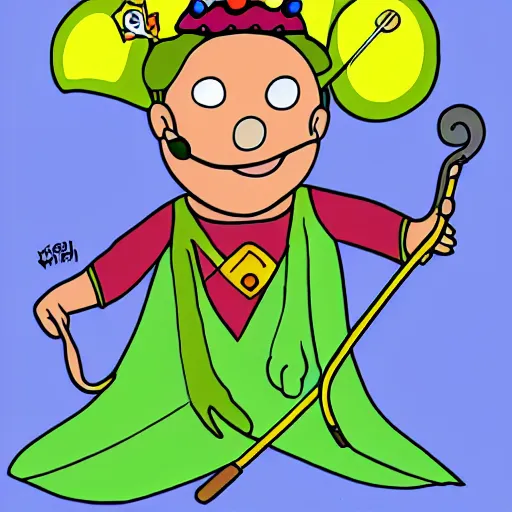 Image similar to kidney bean holding a staff, wearing crown, cartoon character, digital art, fun,