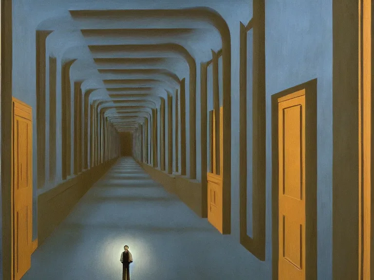 Image similar to infinite endless hallway painting by rene magritte, high detail, high resolution