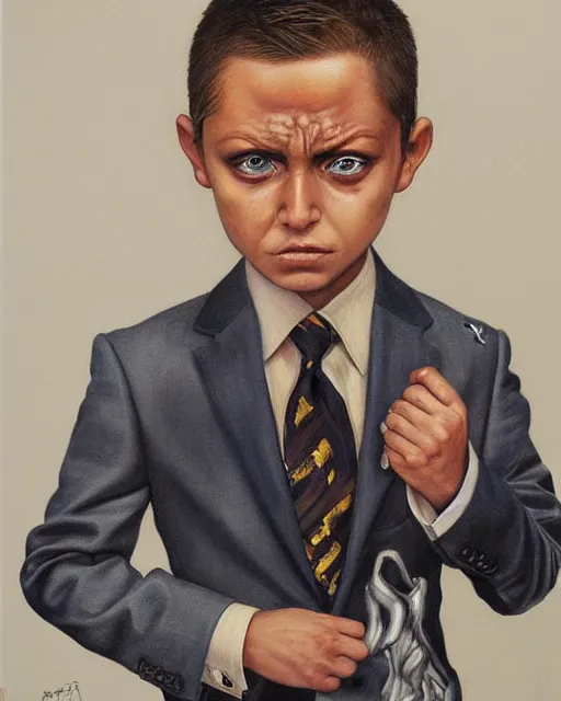 Image similar to portrait of a 7 year old child boss, gritty, serious, wearing a suit and a tie, very detailed eyes, hyperrealistic, beautiful, very detailed painting by Glenn Fabry, by Joao Ruas, by Artgerm