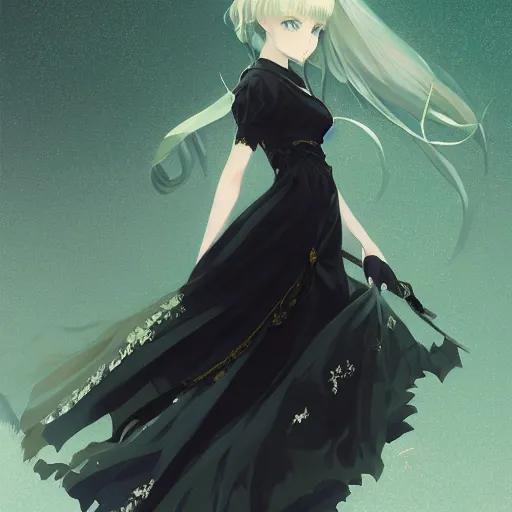 Prompt: victorique de blois anime girl gosick super detailed green eyes green eyes green eyes green eyes black dress black dress black dress black dress blonde hair by greg rutkowski makoto shinkai aramaki shinji artgerm, cushart krenz key art feminine award winning