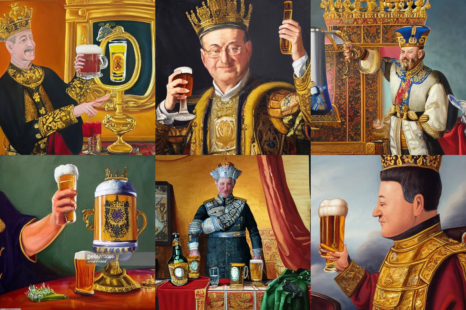 Prompt: A detailed oil painting of a majestic emperor toasting with a large beer mug which is decorated with a beautiful coat of arms