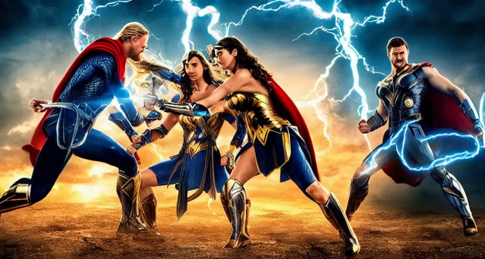 Image similar to thor, vs., wonder woman, cinematic movie scene, epic fight, blue lightning, yellow lightning, photo