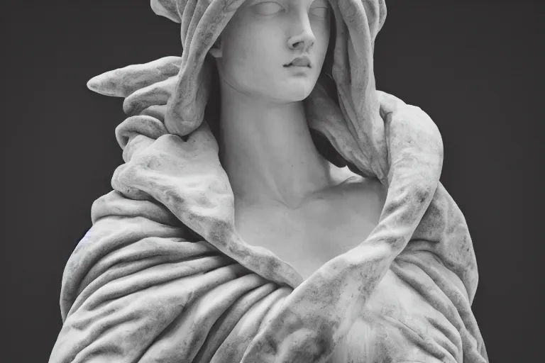 Image similar to well lit fashion shoot portrait of extremely beautiful female marble statue wearing huge over size puffer jacket by dingyun zhang, yeezy, balenciaga, vetements, a cold wall, sharp focus, clear, detailed,, cinematic, detailed, off white, glamourous, symmetrical, vogue, editorial, fashion, magazine shoot, glossy