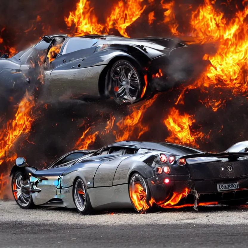 Image similar to close - up of a chrome pagani huayra on fire after a big crash, 8 k, highly detailed, realistic