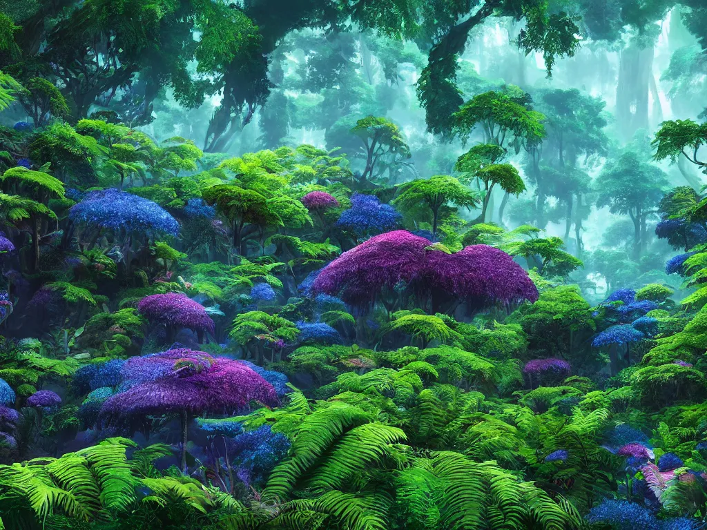 Image similar to a beautiful otherworldly fantasy landscape of dense lush ferns and evergreen trees in hyper detail like the pacific northwest, vivid glowing colors, extreme detail, studio ghibli and pixar and abzu, rendering, cryengine, deep colors, purple and blue and green colors, vray render, cgsociety