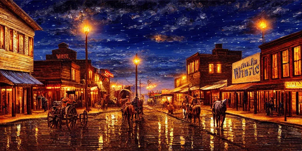 Prompt: oil painting of wild west small town, western, old west, nighttime, high production value, intricate details, high resolution, hyperrealistic, hdr, high definition, masterpiece, ultra realistic, highly detailed, hd, sharp focus, non blurry, sharp, smooth