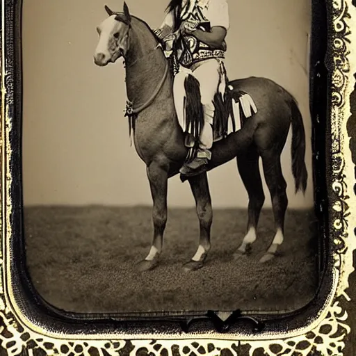 Image similar to tintype photo, native american riding unicorn