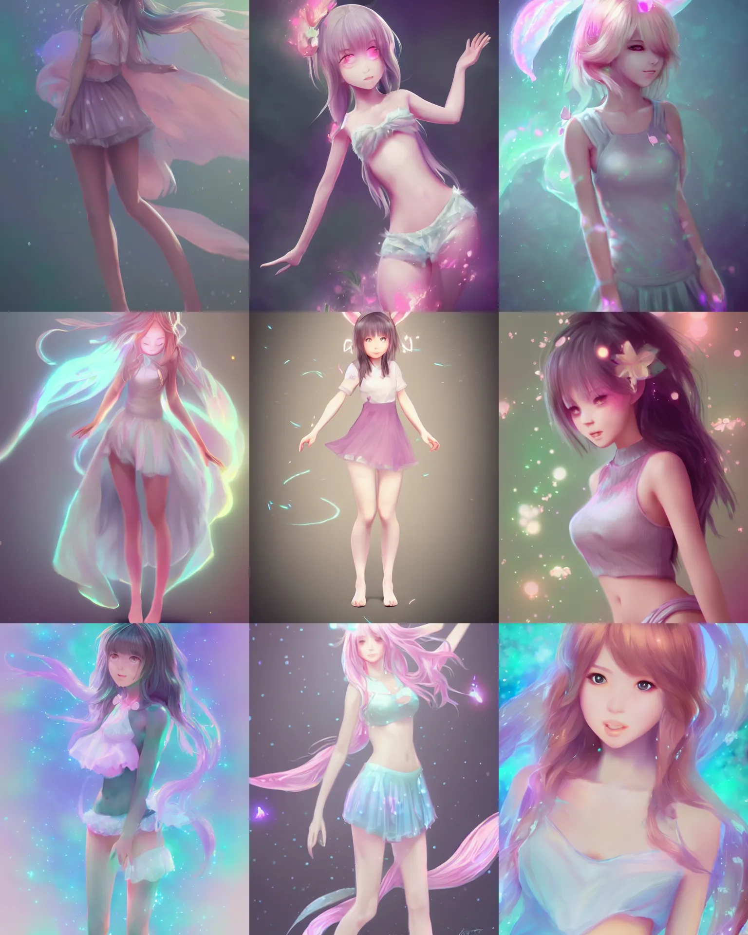 Prompt: full body shot of a very beautiful girl in very cute realistic WLOP digital art style with bloom ethereal effects, trending on Artstation, made by Tran Ross feminine in pastel shades, trending on pixiv, Unreal Engine 4k, rossdraws