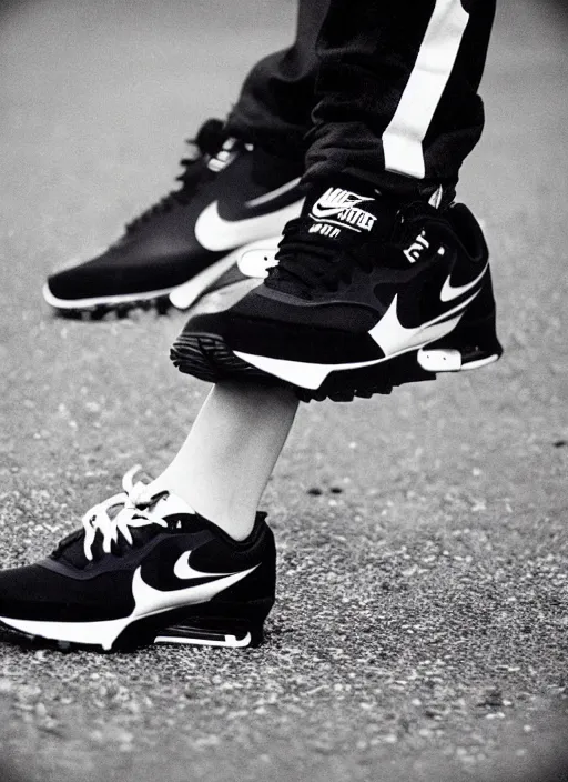 Image similar to ( rotterdam gabber from 9 0's ). extreme long shot. nike airmax on feets.