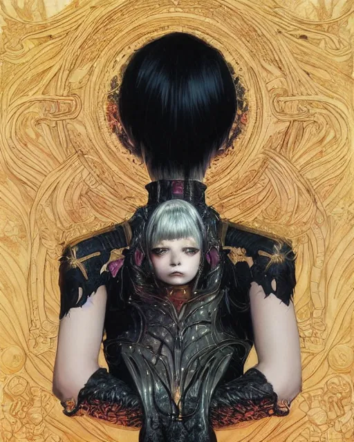 Image similar to portrait of beautiful cute young goth maiden girl with short white hairs in warhammer armor, art by ( ( ( kuvshinov ilya ) ) ) and wayne barlowe and gustav klimt and artgerm and wlop