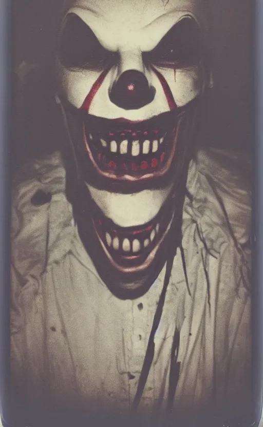 Prompt: an eerie polaroid photograph of a scary evil horrifying clown in the backrooms, nighttime, dimly lit, creepy hd 4k