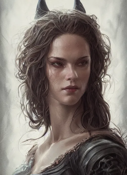 Prompt: realistic lighting, close up portrait of a ruggedly handsome female witch, soft hair, half body, leather, d & d, fantasy, intricate, elegant, highly detailed, digital painting, artstation, concept art, smooth, sharp focus, illustration, art by artgerm and greg rutkowski and alphonse mucha