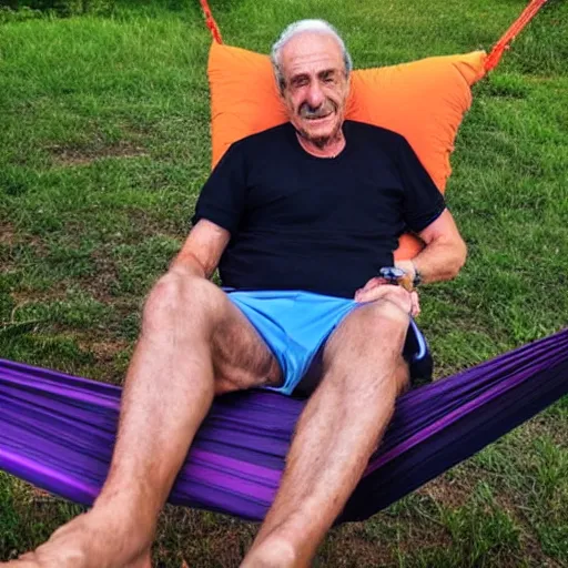 Prompt: my older italian wise friend on a hammock, reading new book, gravity is strong, he is very relaxed, muscular legs, mountains in a background