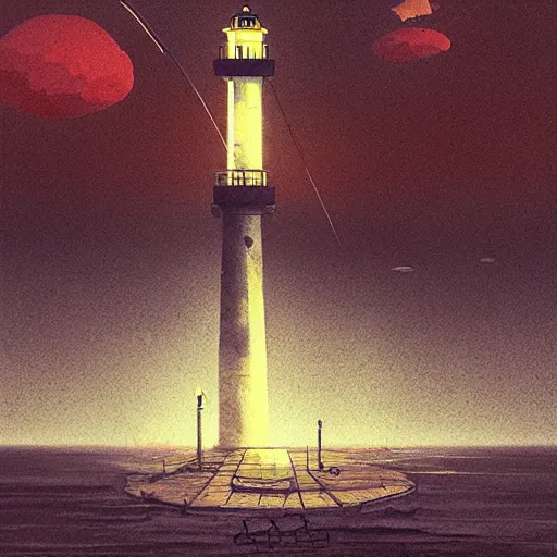 Image similar to lighthouse in a stormy sea, mechanic, robotic, abandoned, overgrown, cables, concept art by simon stalenhag